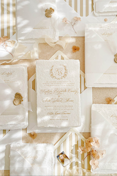 Announce your special day with a personal and artistic touch with this beautiful handmade paper wedding invitation set. Each suite features a one-of-a-kind, hand-drawn custom wedding venue watercolor, lovingly painted to capture the unique charm of your wedding location. Perfect for a summer wedding, the watercolor artwork and tactile paper create a soft, romantic, and memorable first impression for your guests.