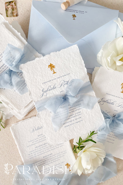 Bring the warmth of the tropics to your special day with our handmade palm tree wedding invitations, designed for couples who dream of a sun-kissed, seaside celebration. Each invitation is crafted by hand and features an elegant palm tree motif - symbolizing peace, paradise, and everlasting love.