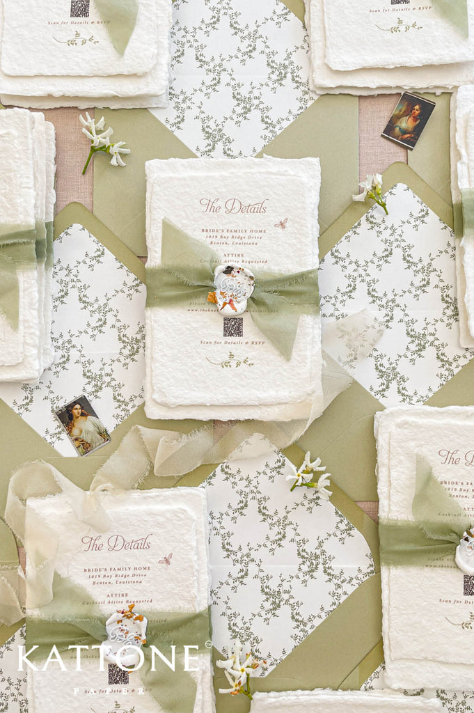 Complete luxury wedding invitation suite including handmade invitation, details cards, envelopes, wax seal and silk ribbon accents.