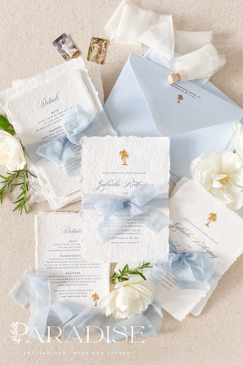 Bring the warmth of the tropics to your special day with our handmade palm tree wedding invitations, designed for couples who dream of a sun-kissed, seaside celebration. Each invitation is crafted by hand and features an elegant palm tree motif - symbolizing peace, paradise, and everlasting love.