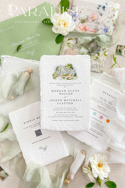 This exquisite wedding invitations suite offers a blend of fine artistry and natural elegance. Each invite is printed on luxurious handmade paper with beautiful deckled edges, providing a rich, tactile feel. The centerpiece is a custom, hand drawn watercolor venue illustration that captures the unique charm of your location, creating a truly memorable keepsake for your guests. This suite is perfect for a garden wedding, beautifully capturing the romantic and serene atmosphere.