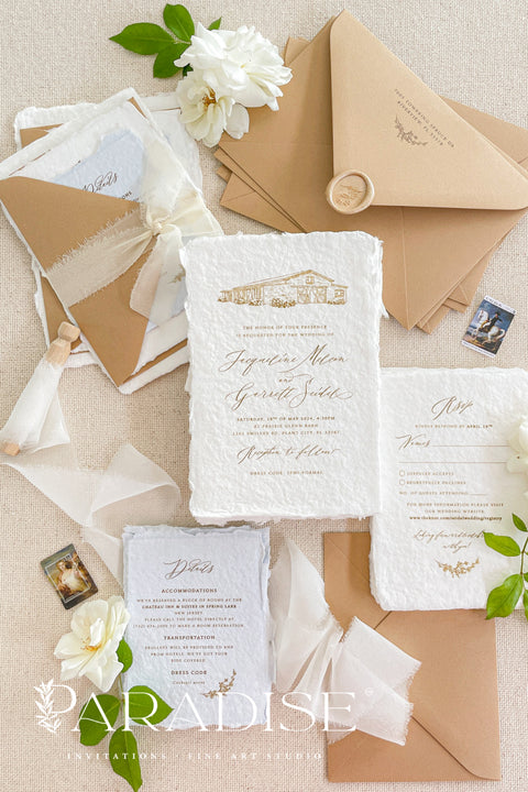 Celebrate your special day with our exquisite Wedding Invitations, featuring a stunning watercolor venue illustration. Each invite is crafted from premium handmade paper with a beautiful deckled edge, adding a touch of elegance to your wedding. Perfect for couples who appreciate artistry and personalization. Make your invitations as unforgettable as your love story with our unique designs. Let us help you set the perfect tone for your celebration!
