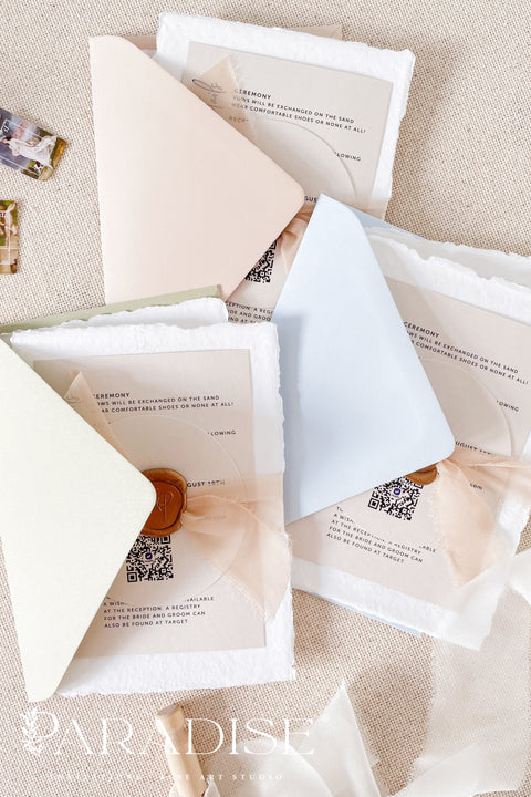 Celebrate your love story with elegance and artistry through our handmade wedding invitations, beautifully crafted from 100% cotton deckled-edge paper and finished with blush silk ribbon and a bronze wax seal. The soft tones of sage green and blush bring warmth and natural beauty to your wedding stationery, making it perfect for modern garden, romantic outdoor, or destination weddings.