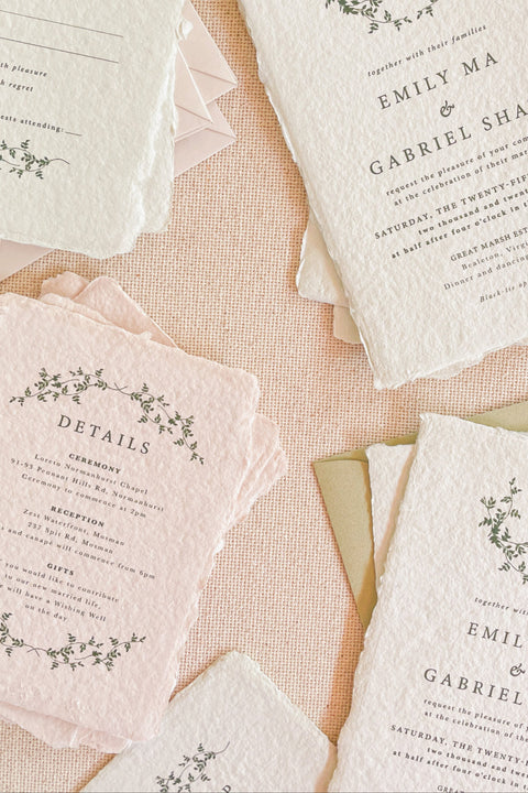 Announce your special day with the serene and natural beauty of these handmade paper wedding invitations. Perfect for a garden wedding or an outdoor celebration, this suite combines the luxurious, tactile feel of artisan paper with a delicate botanical design. The result is a truly romantic set of wedding stationery that will enchant your guests and beautifully set the tone for your special day.
