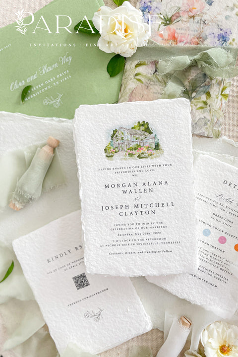 This exquisite wedding invitations suite offers a blend of fine artistry and natural elegance. Each invite is printed on luxurious handmade paper with beautiful deckled edges, providing a rich, tactile feel. The centerpiece is a custom, hand drawn watercolor venue illustration that captures the unique charm of your location, creating a truly memorable keepsake for your guests. This suite is perfect for a garden wedding, beautifully capturing the romantic and serene atmosphere.
