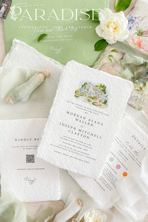 This exquisite wedding invitations suite offers a blend of fine artistry and natural elegance. Each invite is printed on luxurious handmade paper with beautiful deckled edges, providing a rich, tactile feel. The centerpiece is a custom, hand drawn watercolor venue illustration that captures the unique charm of your location, creating a truly memorable keepsake for your guests. This suite is perfect for a garden wedding, beautifully capturing the romantic and serene atmosphere.