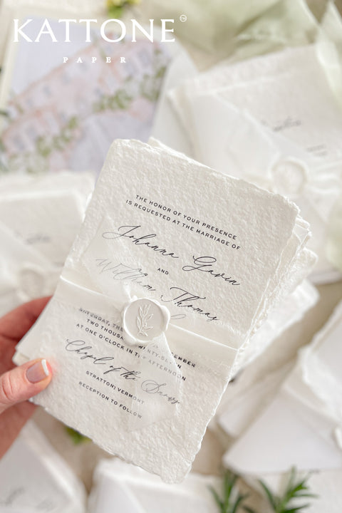 Introduce your wedding with the timeless and intimate feel of the Romantic Handmade Wedding Invitation. Each invite is a beautiful work of fine art, crafted on luxurious, artisan handmade paper with a natural deckle edge, giving it an organic, delicate texture that your guests will love to touch. The combination of handcrafted paper and a personalized, romantic design creates a bespoke feel that sets a deeply meaningful tone for your celebration.