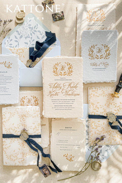 Announce your marriage with a romantic and modern touch that is also kind to the planet. This exquisite wedding invites suite features elegant modern calligraphy printed on luxurious handmade paper with a delicate deckle edge. As an eco-friendly choice, these invites combine contemporary design with sustainable craftsmanship, ensuring your stationery is as beautiful as it is responsible. The result is a stunning and truly romantic set of wedding stationery.