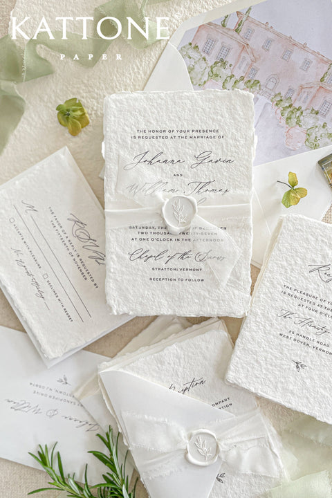 Introduce your wedding with the timeless and intimate feel of the Romantic Handmade Wedding Invitation. Each invite is a beautiful work of fine art, crafted on luxurious, artisan handmade paper with a natural deckle edge, giving it an organic, delicate texture that your guests will love to touch. The combination of handcrafted paper and a personalized, romantic design creates a bespoke feel that sets a deeply meaningful tone for your celebration.