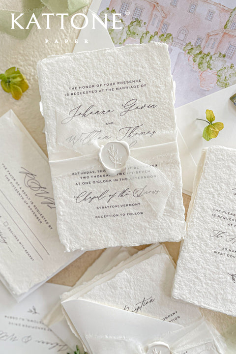 Introduce your wedding with the timeless and intimate feel of the Romantic Handmade Wedding Invitation. Each invite is a beautiful work of fine art, crafted on luxurious, artisan handmade paper with a natural deckle edge, giving it an organic, delicate texture that your guests will love to touch. The combination of handcrafted paper and a personalized, romantic design creates a bespoke feel that sets a deeply meaningful tone for your celebration.