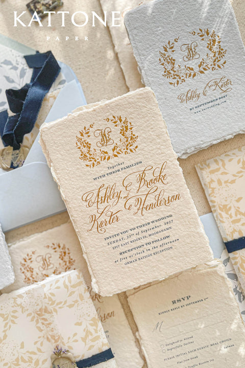 Announce your marriage with a romantic and modern touch that is also kind to the planet. This exquisite wedding invites suite features elegant modern calligraphy printed on luxurious handmade paper with a delicate deckle edge. As an eco-friendly choice, these invites combine contemporary design with sustainable craftsmanship, ensuring your stationery is as beautiful as it is responsible. The result is a stunning and truly romantic set of wedding stationery.