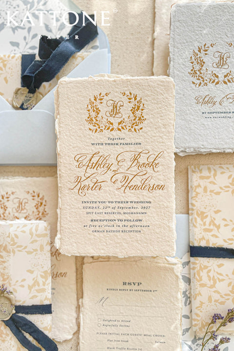 Announce your marriage with a romantic and modern touch that is also kind to the planet. This exquisite wedding invites suite features elegant modern calligraphy printed on luxurious handmade paper with a delicate deckle edge. As an eco-friendly choice, these invites combine contemporary design with sustainable craftsmanship, ensuring your stationery is as beautiful as it is responsible. The result is a stunning and truly romantic set of wedding stationery.