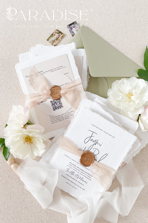 Celebrate your love story with elegance and artistry through our handmade wedding invitations, beautifully crafted from 100% cotton deckled-edge paper and finished with blush silk ribbon and a bronze wax seal. The soft tones of sage green and blush bring warmth and natural beauty to your wedding stationery, making it perfect for modern garden, romantic outdoor, or destination weddings.