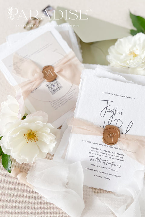 Celebrate your love story with elegance and artistry through our handmade wedding invitations, beautifully crafted from 100% cotton deckled-edge paper and finished with blush silk ribbon and a bronze wax seal. The soft tones of sage green and blush bring warmth and natural beauty to your wedding stationery, making it perfect for modern garden, romantic outdoor, or destination weddings.