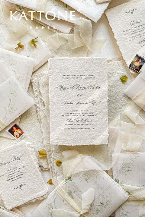 Announce your special day with the serene beauty of this wedding invitation set. Perfect for a garden wedding, each suite features a custom, hand-painted watercolor wedding venue illustration that beautifully captures the charm of your location. Printed on luxurious handmade paper, the invitations are finished with a personalized wax seal, adding a tactile and opulent detail that your guests will adore.