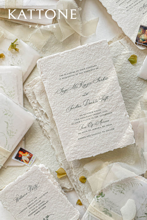 Announce your special day with the serene beauty of this wedding invitation set. Perfect for a garden wedding, each suite features a custom, hand-painted watercolor wedding venue illustration that beautifully captures the charm of your location. Printed on luxurious handmade paper, the invitations are finished with a personalized wax seal, adding a tactile and opulent detail that your guests will adore.