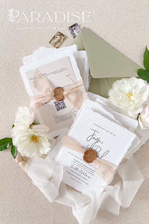 Celebrate your love story with elegance and artistry through our handmade wedding invitations, beautifully crafted from 100% cotton deckled-edge paper and finished with blush silk ribbon and a bronze wax seal. The soft tones of sage green and blush bring warmth and natural beauty to your wedding stationery, making it perfect for modern garden, romantic outdoor, or destination weddings.