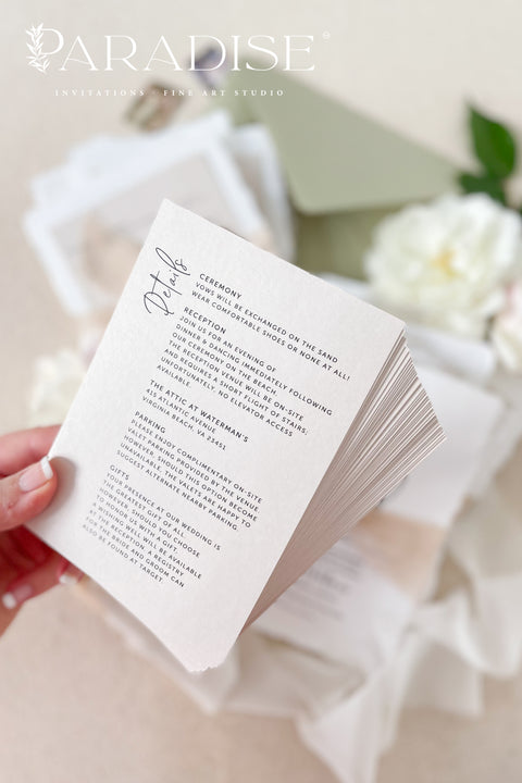 Celebrate your love story with elegance and artistry through our handmade wedding invitations, beautifully crafted from 100% cotton deckled-edge paper and finished with blush silk ribbon and a bronze wax seal. The soft tones of sage green and blush bring warmth and natural beauty to your wedding stationery, making it perfect for modern garden, romantic outdoor, or destination weddings.