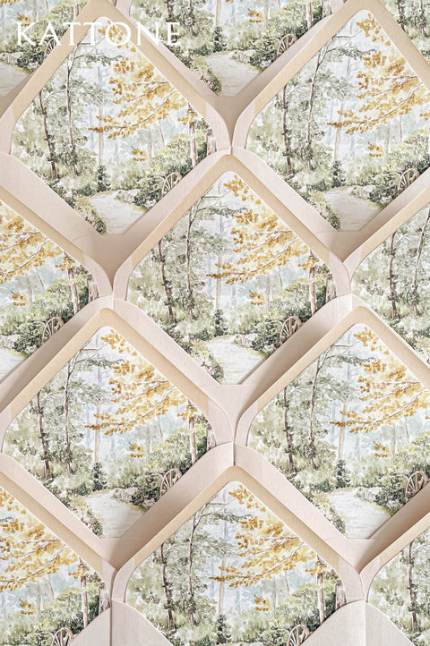 Custom wedding envelope liners with romantic watercolor garden illustration featuring soft greenery, trees, and golden foliage accents.
