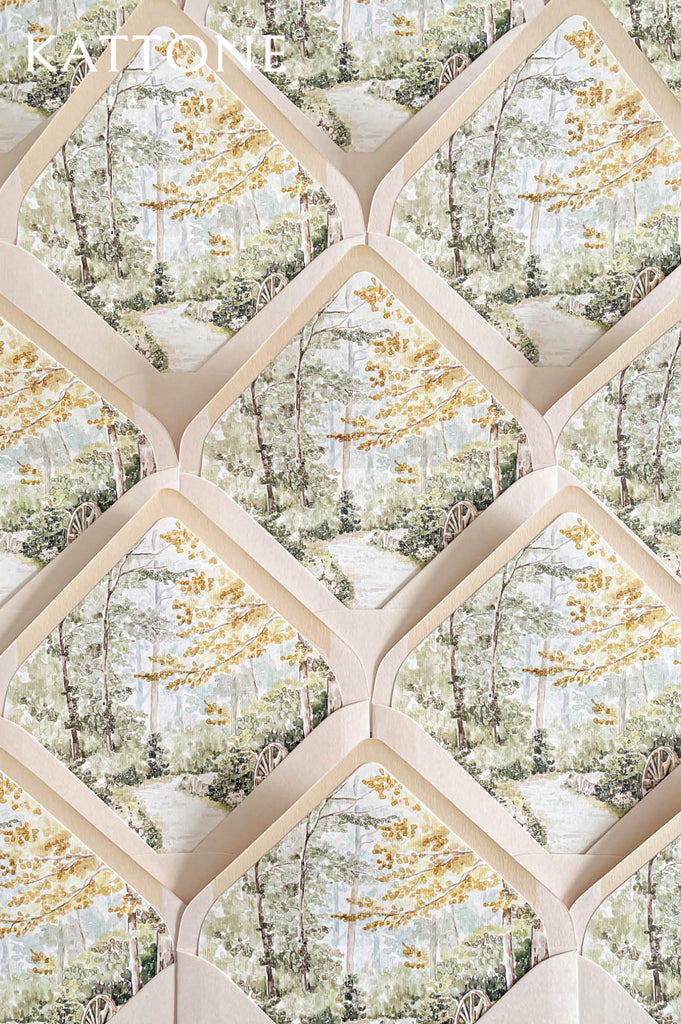 Custom wedding envelope liners with romantic watercolor garden illustration featuring soft greenery, trees, and golden foliage accents.