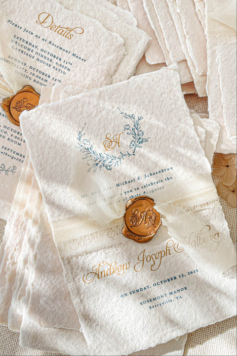 Announce your marriage with the perfect blend of natural texture and refined elegance with this custom handmade paper wedding invites suite. Designed for a boho rustic feel, this set also features a custom elegant aesthetic, making it ideal for a relaxed yet sophisticated celebration. Each invitation is a true work of art, with the luxurious feel of handmade paper providing a unique and personal touch that your guests will adore.