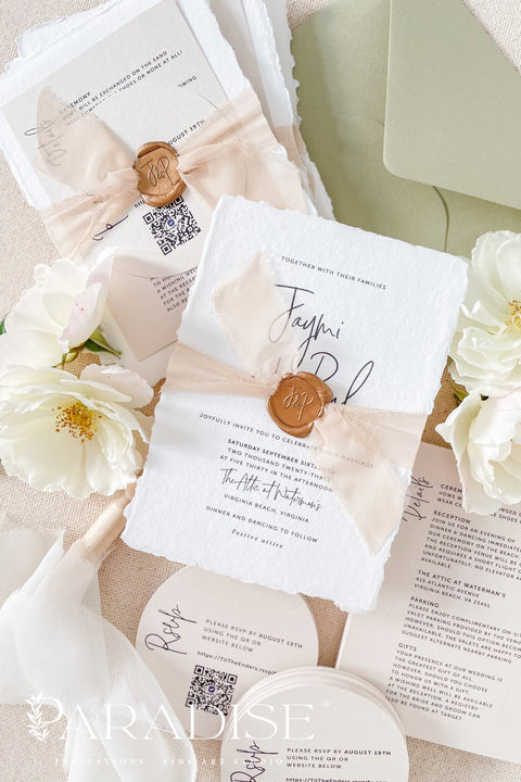 Celebrate your love story with elegance and artistry through our handmade wedding invitations, beautifully crafted from 100% cotton deckled-edge paper and finished with blush silk ribbon and a bronze wax seal. The soft tones of sage green and blush bring warmth and natural beauty to your wedding stationery, making it perfect for modern garden, romantic outdoor, or destination weddings.