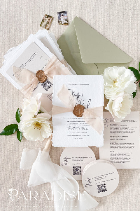 Celebrate your love story with elegance and artistry through our handmade wedding invitations, beautifully crafted from 100% cotton deckled-edge paper and finished with blush silk ribbon and a bronze wax seal. The soft tones of sage green and blush bring warmth and natural beauty to your wedding stationery, making it perfect for modern garden, romantic outdoor, or destination weddings.