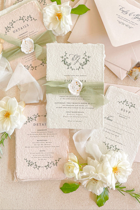 Announce your special day with the serene and natural beauty of these handmade paper wedding invitations. Perfect for a garden wedding or an outdoor celebration, this suite combines the luxurious, tactile feel of artisan paper with a delicate botanical design. The result is a truly romantic set of wedding stationery that will enchant your guests and beautifully set the tone for your special day.