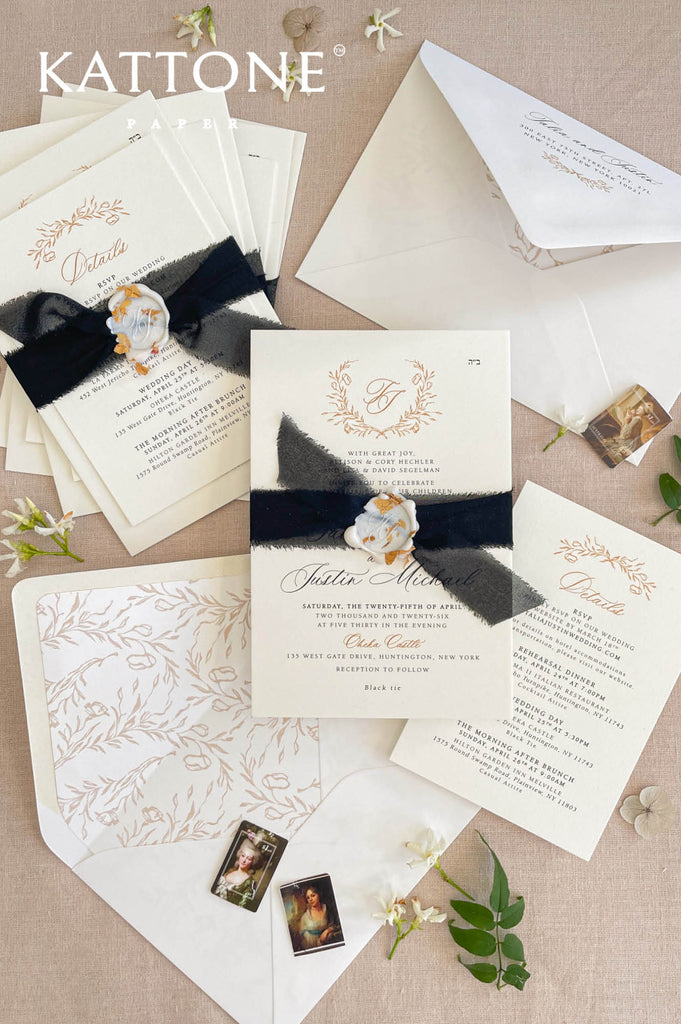 Flat lay of elegant wedding invitation suite with ivory envelopes and formal styling