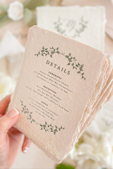 Announce your special day with the serene and natural beauty of these handmade paper wedding invitations. Perfect for a garden wedding or an outdoor celebration, this suite combines the luxurious, tactile feel of artisan paper with a delicate botanical design. The result is a truly romantic set of wedding stationery that will enchant your guests and beautifully set the tone for your special day.