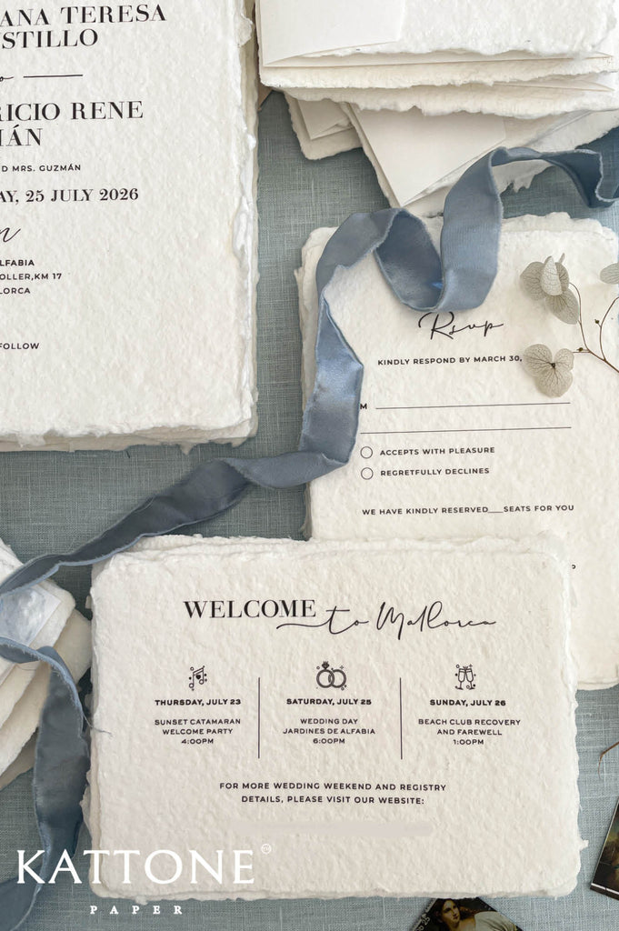 Minimalist wedding invitation design featuring elegant serif fonts and delicate script accents printed on handmade paper.