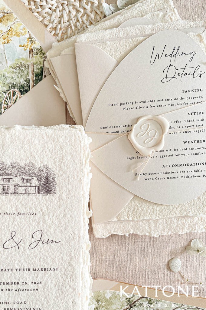 Modern arch-shaped wedding details cards create a sophisticated and unique design element while adding softness and visual interest to the suite.