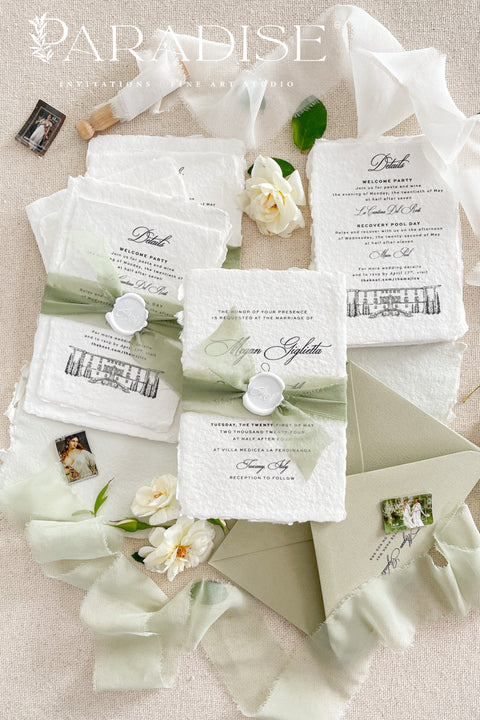 This exquisite wedding invitations suite offers a personal and artistic touch, perfect for a summer garden wedding. Each invitation features a custom, hand drawn venue illustration that beautifully captures the unique charm of your location. The illustration is combined with elegant and romantic stationery design, creating a truly memorable keepsake that sets a heartfelt and intimate tone for your special day.
