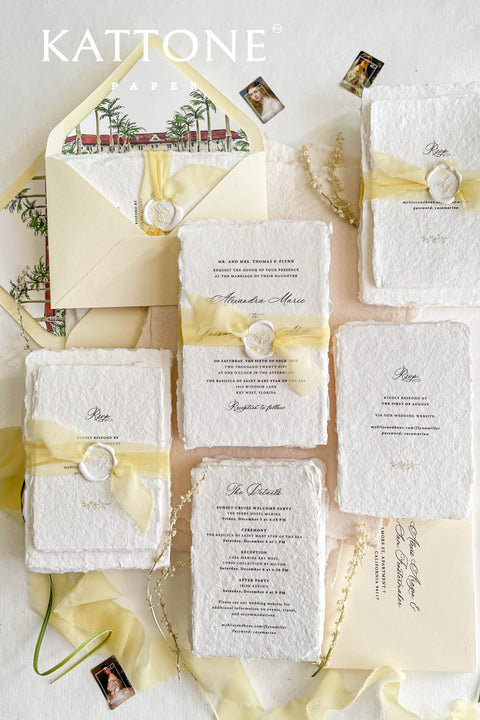 This exquisite wedding invites suite offers a blend of natural elegance and modern sophistication. Printed on luxurious handmade cotton paper in a soft ivory hue, each invitation features a delicate blind embossed design. A touch of refined artistry is added with elegant modern calligraphy, creating a truly classy wedding stationery set that beautifully hints at your special day.