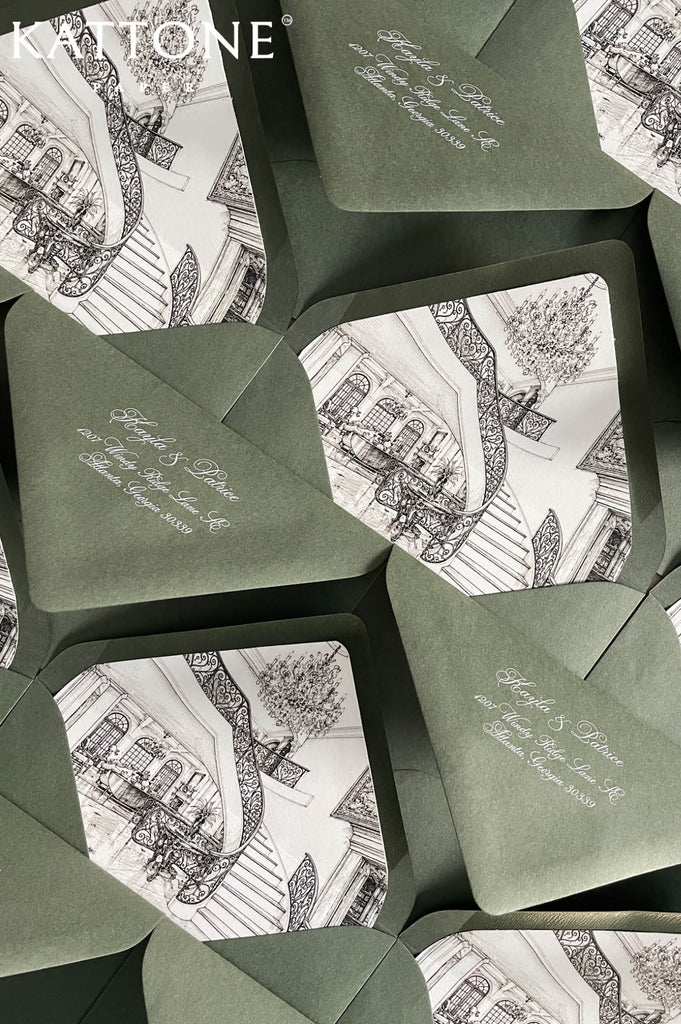Custom wedding envelope liners with detailed architectural illustration featuring a grand staircase, chandelier, and ornate interior details.