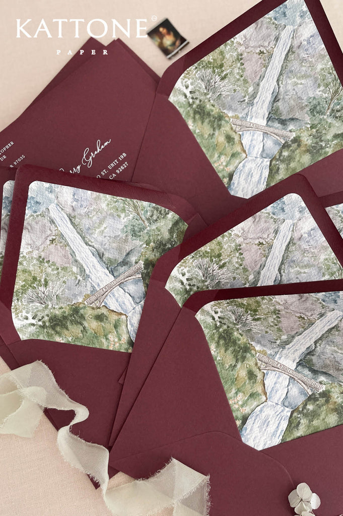 Detailed scenic watercolor illustration featuring landscape and natural elements used for wedding stationery artwork.