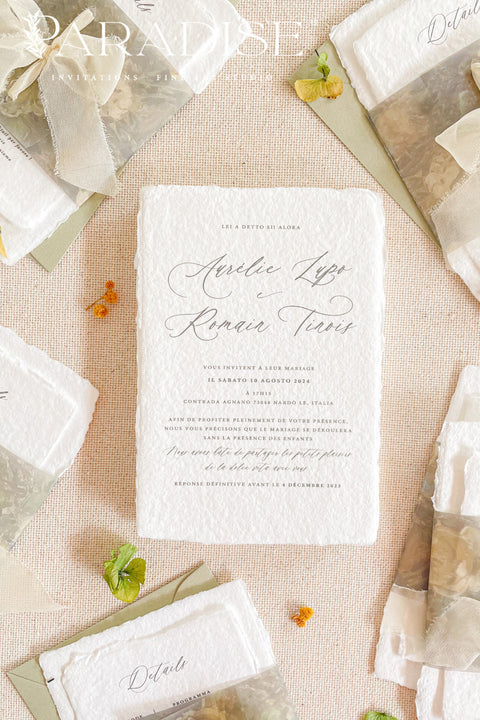 This exquisite wedding invitations suite offers a blend of timeless sophistication and modern elegance. The beautiful modern calligraphy invites are printed on luxurious handmade cotton paper, providing a rich, tactile feel and a fine art finish. This fine art stationery is the perfect choice for couples who appreciate bespoke, handcrafted details and a chic, contemporary aesthetic.
