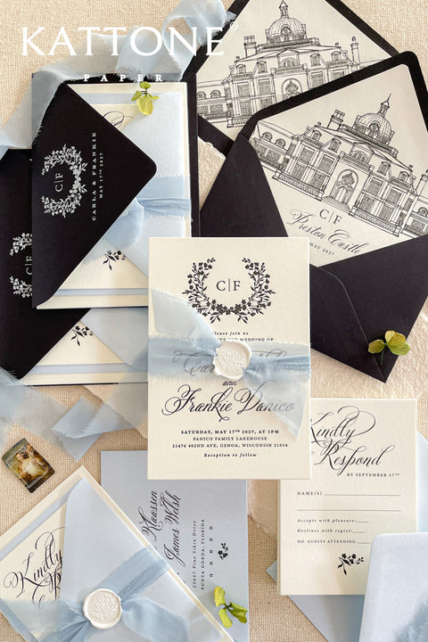 This wedding invitation suite combines the elegance of custom illustration with the refinement of personalized monogram details. Printed on luxurious textured cardstock, the design features a hand-drawn sketch of your wedding venue paired with an intricate botanical monogram, creating a perfect balance of artistry and tradition. Wrapped in a soft blue silk ribbon and sealed with a white wax monogram, the suite is complemented by black envelopes with white ink.