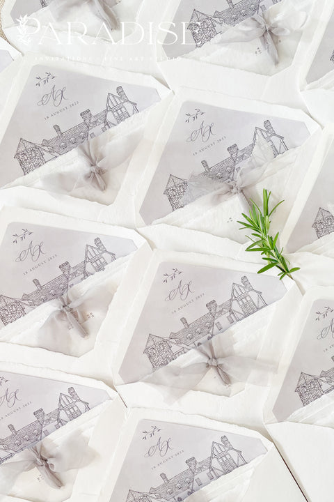 Overlapping handmade paper envelopes revealing hand-drawn liners, emphasizing craftsmanship and fine art illustration detail.