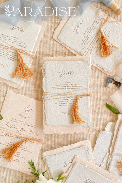 Invite your guests to your special day with the whimsical and elegant touch of this handmade paper wedding invites suite. Perfect for a garden wedding, these invitations feature a unique tassel detail, adding a pop of color and charm. The suite is printed on custom colored handmade paper, providing a rich, organic texture that sets a warm and inviting tone for your celebration.