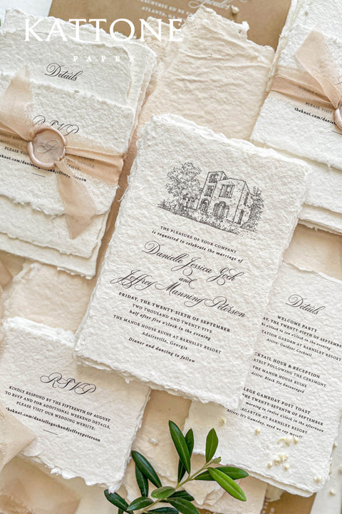 This exquisite handmade paper invitations suite offers a blend of fine artistry and personal romance. Each invitation is a true work of art, featuring a custom, hand drawn wedding venue illustration that beautifully captures the unique charm of your location. The luxurious, textured paper and timeless design create a truly romantic wedding stationery set that will be cherished by your guests long after your special day.