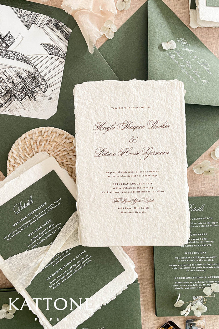 Luxury handmade paper wedding invitation suite featuring deckled edge cotton paper, deep green envelopes, elegant calligraphy typography, and custom venue illustration for sophisticated wedding stationery.