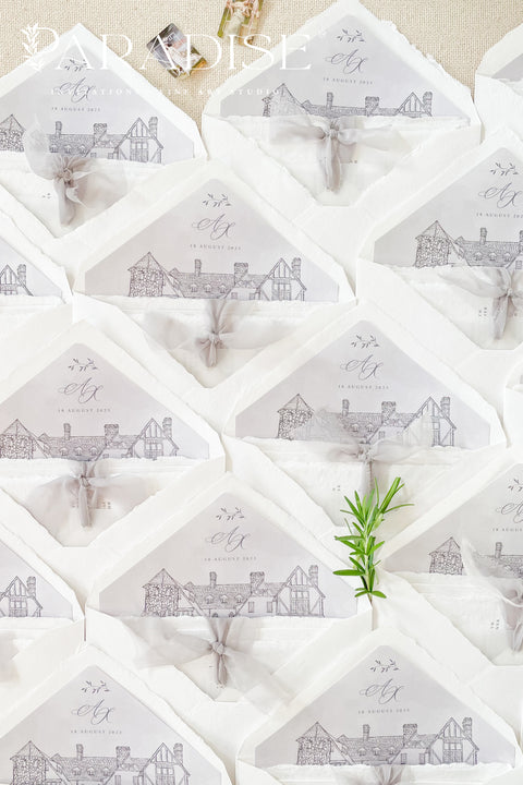 Overlapping handmade paper envelopes revealing hand-drawn liners, emphasizing craftsmanship and fine art illustration detail.