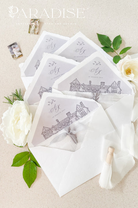 Announce your wedding with timeless elegance through our handmade deckled-edge wedding invitations, designed for couples who appreciate artistry, detail, and refinement. Crafted from 100% cotton paper with hand-torn edges, each invitation features soft grey typography, a vellum overlay, and a silk ribbon tie exuding understated luxury. Perfect for fine art, garden, estate, or destination weddings.