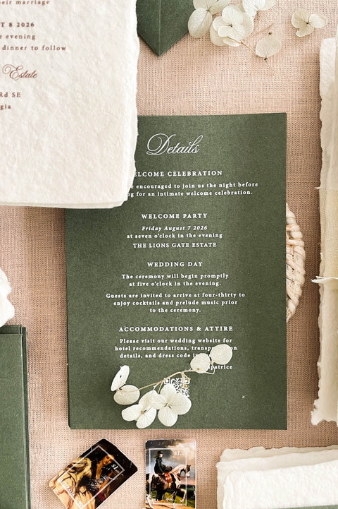 Luxury wedding stationery featuring flowing script and classic serif typography in warm espresso tones for a sophisticated timeless aesthetic.