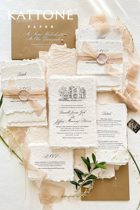 This exquisite handmade paper invitations suite offers a blend of fine artistry and personal romance. Each invitation is a true work of art, featuring a custom, hand drawn wedding venue illustration that beautifully captures the unique charm of your location. The luxurious, textured paper and timeless design create a truly romantic wedding stationery set that will be cherished by your guests long after your special day.