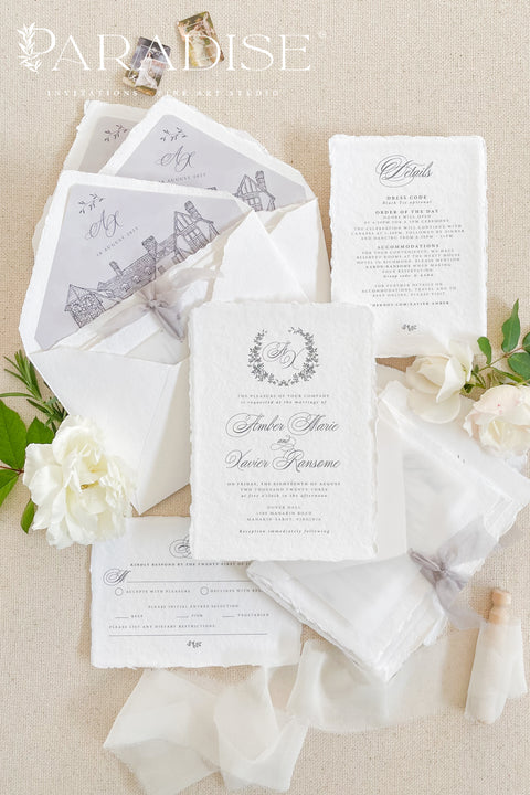 Announce your wedding with timeless elegance through our handmade deckled-edge wedding invitations, designed for couples who appreciate artistry, detail, and refinement. Crafted from 100% cotton paper with hand-torn edges, each invitation features soft grey typography, a vellum overlay, and a silk ribbon tie exuding understated luxury. Perfect for fine art, garden, estate, or destination weddings.