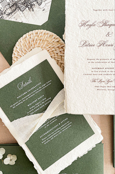Luxury wedding stationery featuring flowing script and classic serif typography in warm espresso tones for a sophisticated timeless aesthetic.