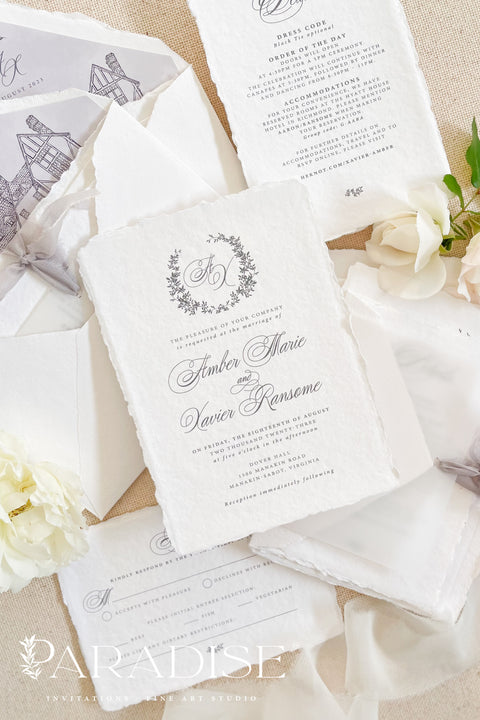 Announce your wedding with timeless elegance through our handmade deckled-edge wedding invitations, designed for couples who appreciate artistry, detail, and refinement. Crafted from 100% cotton paper with hand-torn edges, each invitation features soft grey typography, a vellum overlay, and a silk ribbon tie exuding understated luxury. Perfect for fine art, garden, estate, or destination weddings.