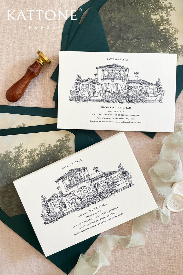 Save the date card with custom venue illustration of European villa printed on luxury cardstock with elegant serif typography and deep green envelopes.